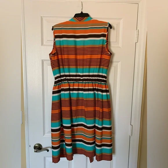 Alex Marie Sleeveless Button Front Waist Tie Mini Dress, Orange and Blue Size 10 - Picture 4 of 6